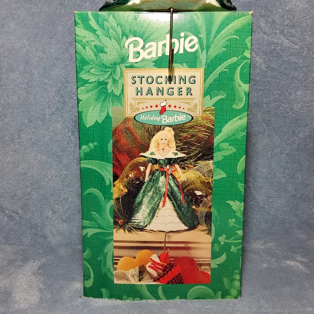 New In Box Vintage 1996 Hallmark Holiday Barbie Stocking Hanger Green Glittery - Picture 3 of 8
